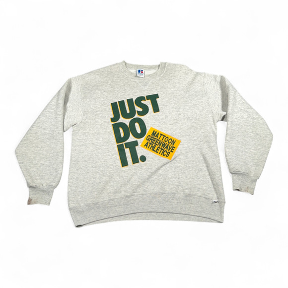 Vintage High School Sweater Adult MEDIUM Gray Russell Just Do It USA 90s - Picture 1 of 8